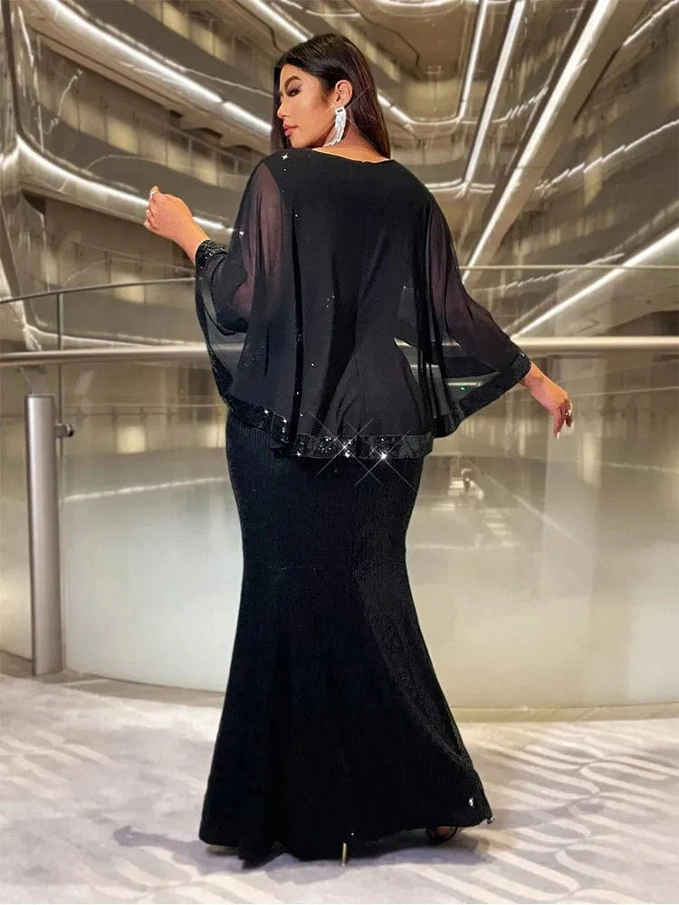 Plus size Showlu Fashion sequin A-line evening gown with multi-color shawl, suitable for wedding and banquet events.