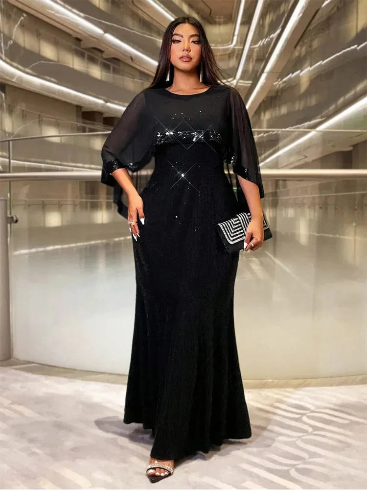 Plus size Showlu Fashion sequin A-line evening gown with multi-color shawl, perfect for wedding or formal event, in 4XL or 5XL size.