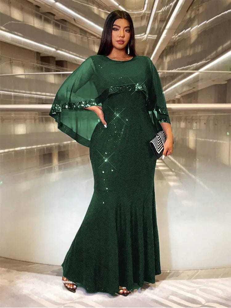 Plus size Showlu Fashion sequin A-line evening gown with multi-color shawl, perfect for wedding or prom, luxury floor-length dress