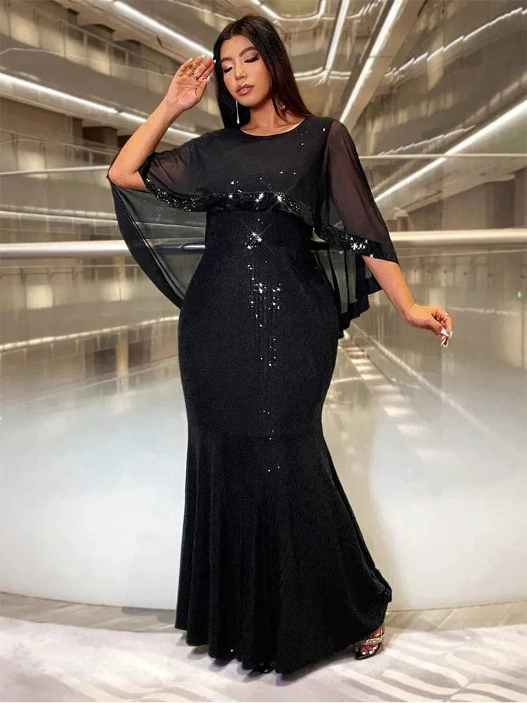 Plus size Showlu Fashion sequin A-line evening gown with multi-color shawl, perfect for wedding, prom, or banquet events.