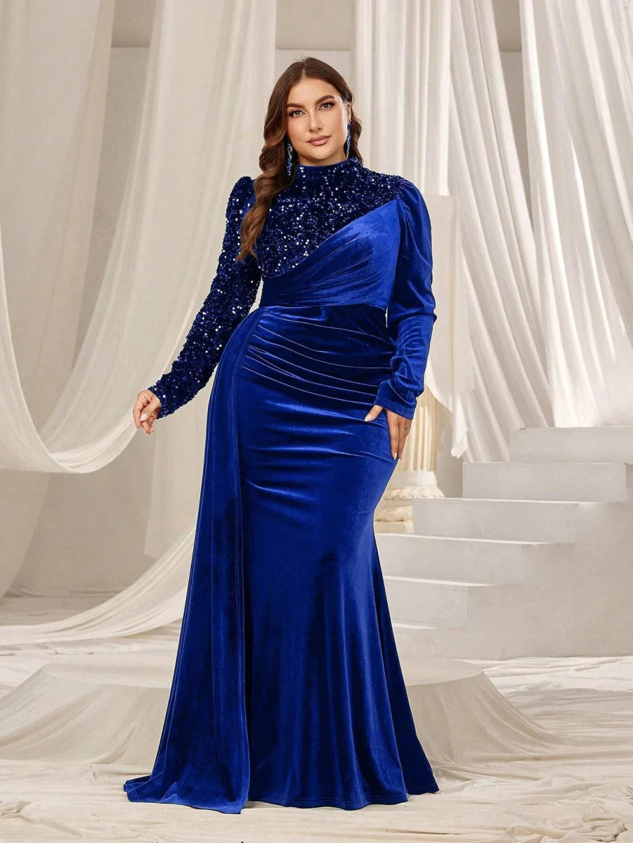 Plus size velvet evening gown with O-neck, A-line silhouette, floor-length design, suitable for formal events and special occasions.