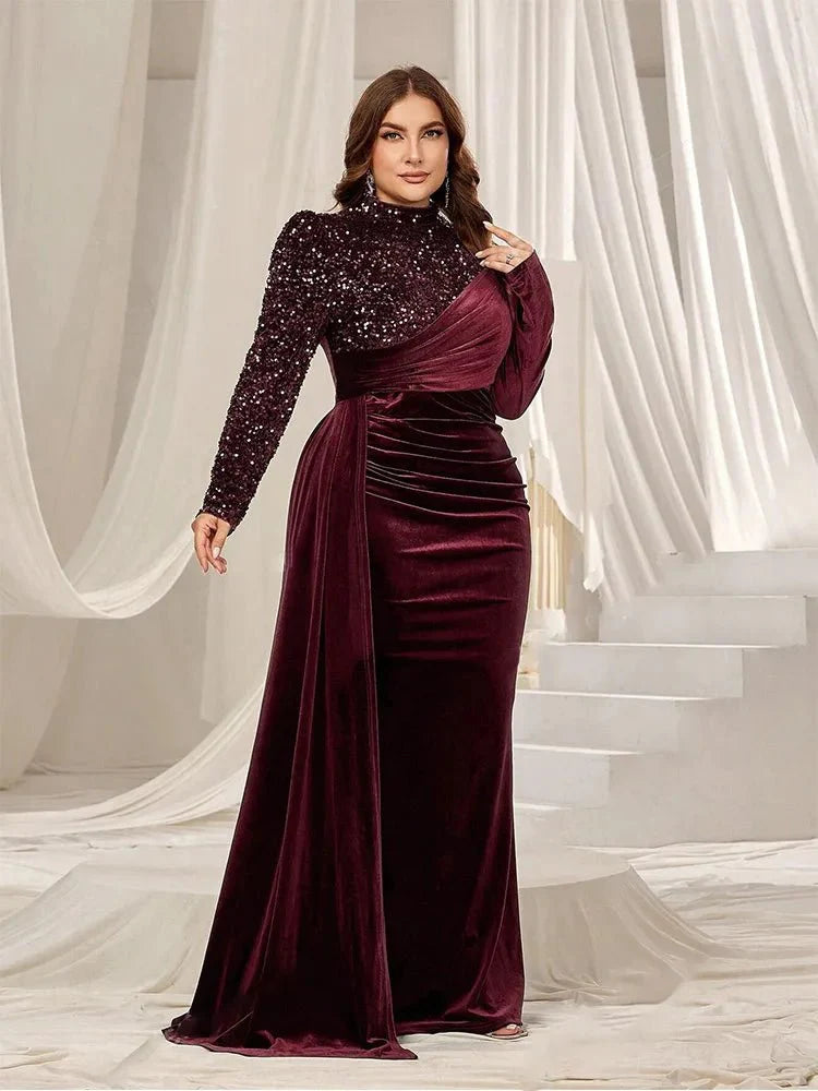 Plus size SHOWLU FASHION velvet evening gown with round neck, floor-length A-line silhouette, perfect for formal occasions.