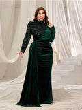 Plus size SHOWLU FASHION women's velvet evening gown with round neck, floor-length, A-line style, perfect for formal occasions.