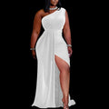 Plus size black one-shoulder pleated evening dress for women with high slits, stylish and elegant for spring and summer occasions.