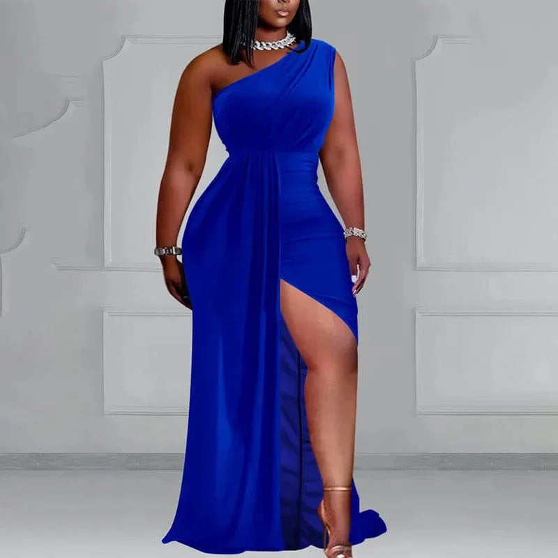 Plus size black one-shoulder pleated evening dress for women, featuring high slits and elegant design, ideal for spring and summer events.