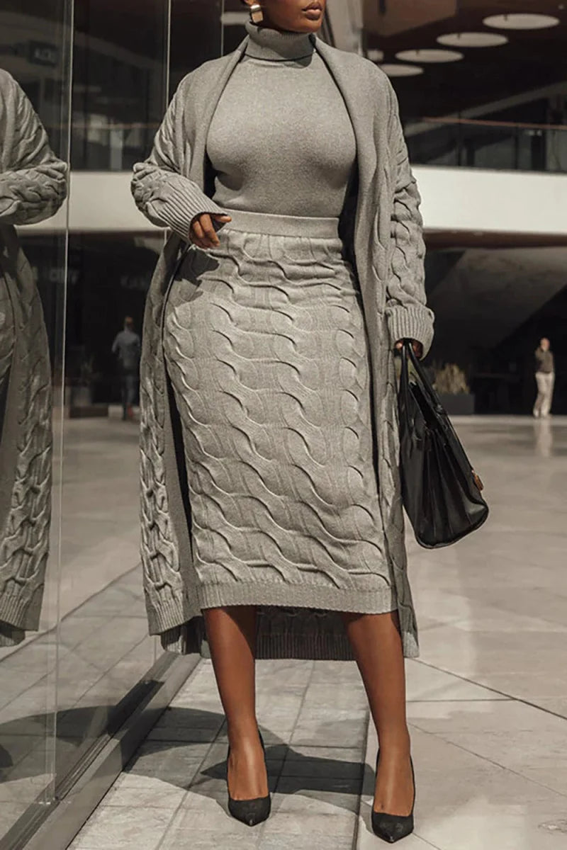 Plus size women's ash cable knit cardigan with dual pockets, stylish fall and winter sweater by Showlu Fashion Store.