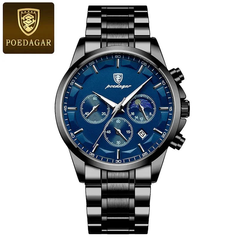 Poedagar men's quartz watch with genuine leather strap, luminous moon phase display, chronograph, and waterproof design.