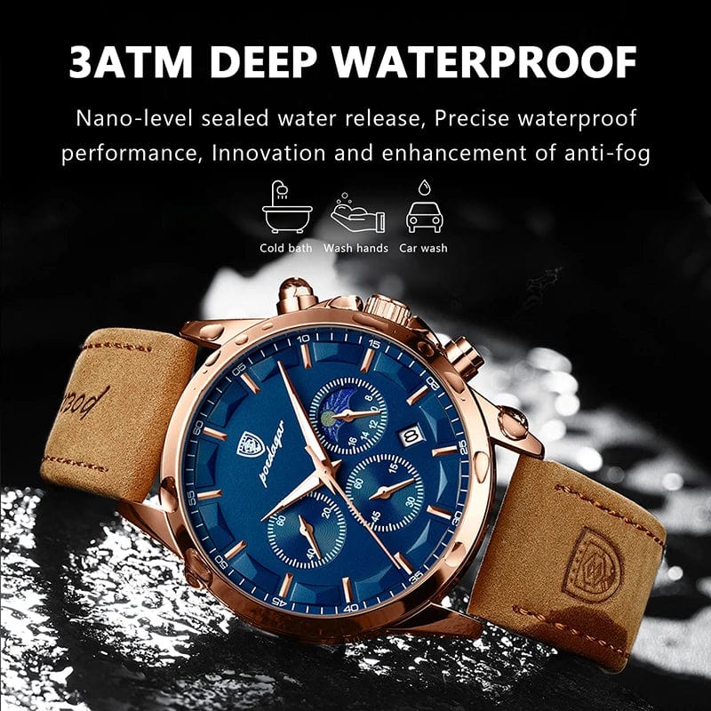 Poedagar men's quartz watch with genuine leather strap, moon phase display, luminous dial, chronograph, and waterproof design.