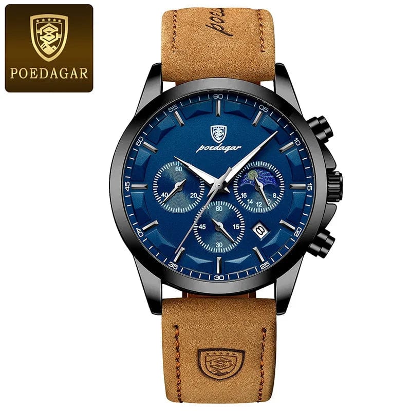 Poedagar men's quartz watch with genuine leather strap, luminous dial, moon phase, chronograph, waterproof, and stylish design.
