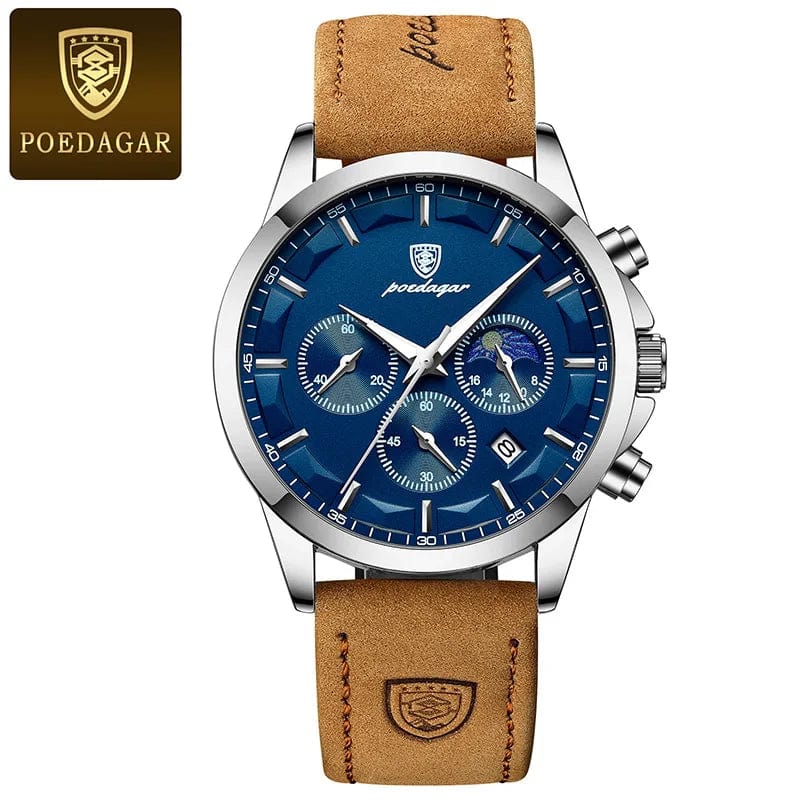 Poedagar men's quartz watch with genuine leather strap, moon phase, luminous dial, chronograph, and waterproof features.
