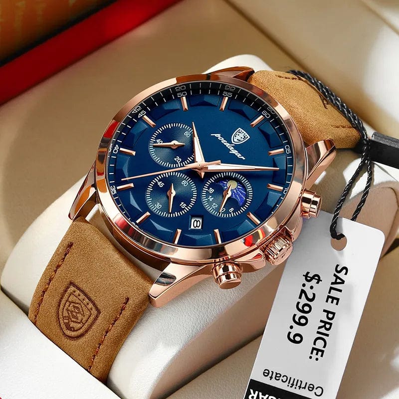 Poedagar men's quartz watch with genuine leather strap, moon phase display, luminous dial, chronograph, and waterproof features.