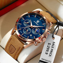 A Poedagar men's quartz watch with a blue dial, rose gold case, and brown leather strap.
