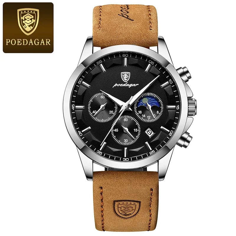 Men's POEDAGAR quartz watch with genuine leather strap, luminous moon phase, chronograph, and waterproof features.