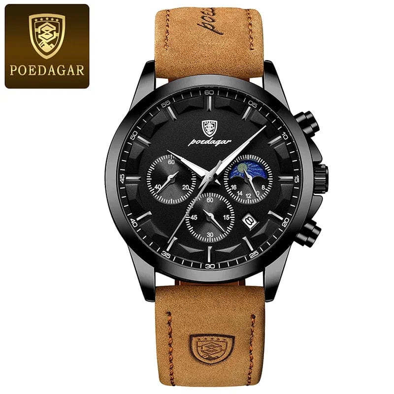 Men's POEDAGAR quartz watch with genuine leather strap, moon phase, luminous dial, chronograph, and waterproof design.