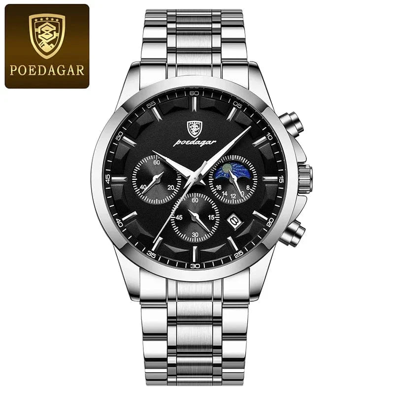 Poedagar men's quartz watch with genuine leather strap, luminous moon phase, chronograph, and waterproof design.
