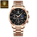 Men's POEDAGAR quartz wristwatch with genuine leather strap, moon phase, luminous dial, chronograph, and waterproof design.