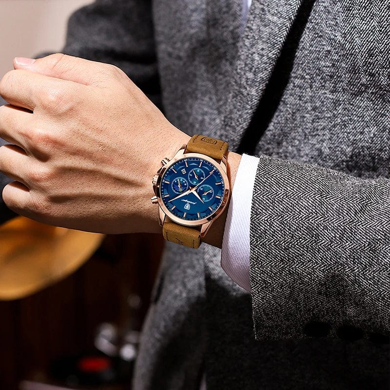 Poedagar men's quartz watch with genuine leather strap, moon phase display, luminous dial, chronograph, and waterproof feature.