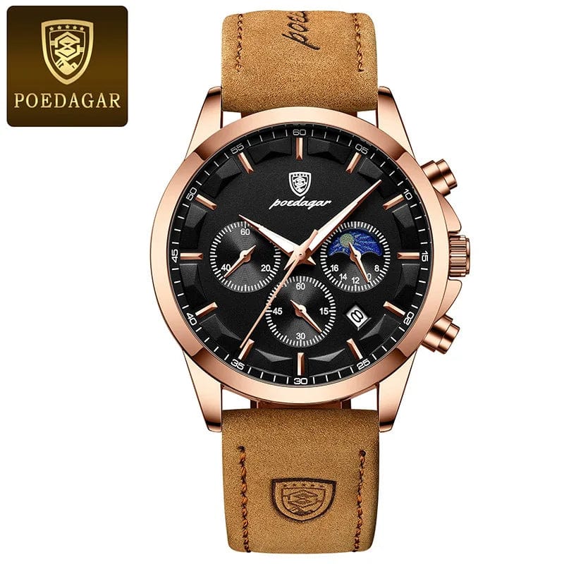Poedagar men's quartz watch with genuine leather strap, moon phase display, luminous dial, chronograph, and waterproof design.