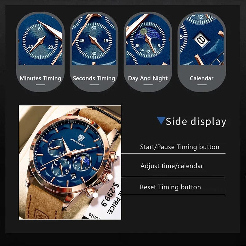 Men's POEDAGAR quartz watch with genuine leather strap, luminous dial, moon phase display, chronograph, and waterproof features.