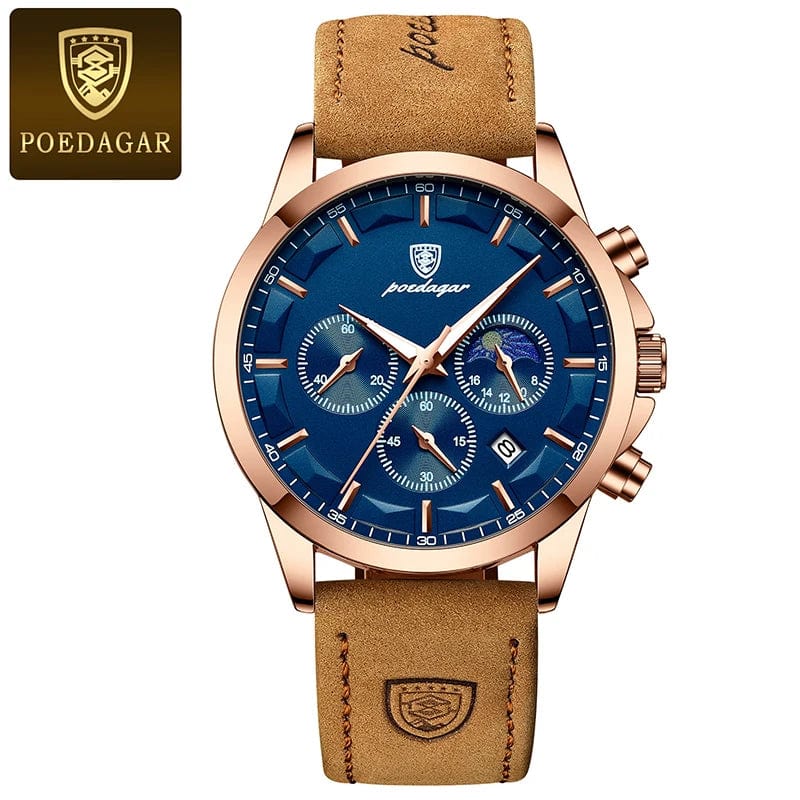 Poedagar men's quartz watch with genuine leather strap, moon phase display, luminous chronograph, waterproof, and stopwatch features.