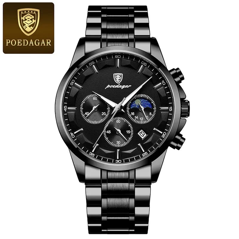 Poedagar men's quartz watch with genuine leather strap, moon phase display, luminous dial, chronograph, and waterproof design.