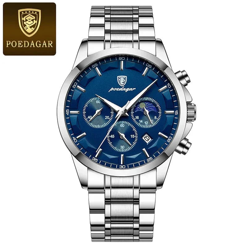Poedagar men's quartz watch with genuine leather strap, moon phase display, luminous dial, chronograph, and waterproof design.