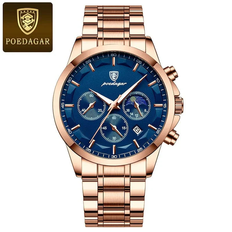 POEDAGAR men's quartz wristwatch with genuine leather strap, moon phase display, luminous dial, chronograph, and waterproof design.