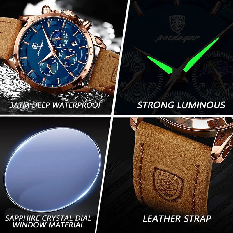 POEDAGAR men's quartz watch with genuine leather strap, moon phase, luminous dial, chronograph, and waterproof design.