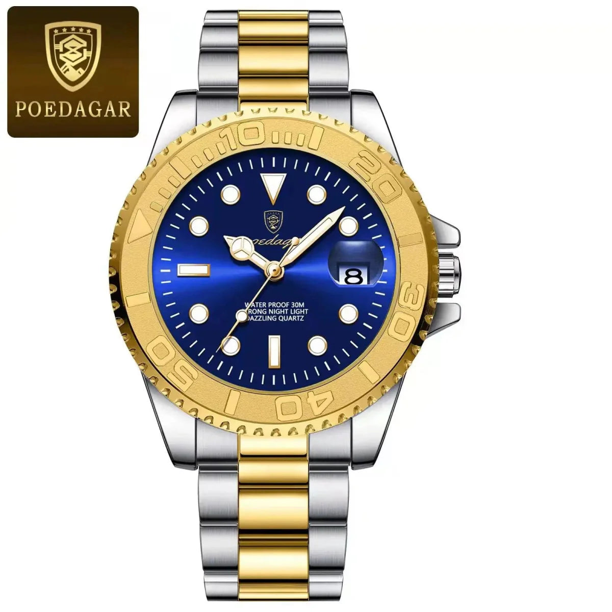 Poedagar men's quartz stainless steel watch with luminous dial, waterproof design, and date display, ideal for sports and fashion.