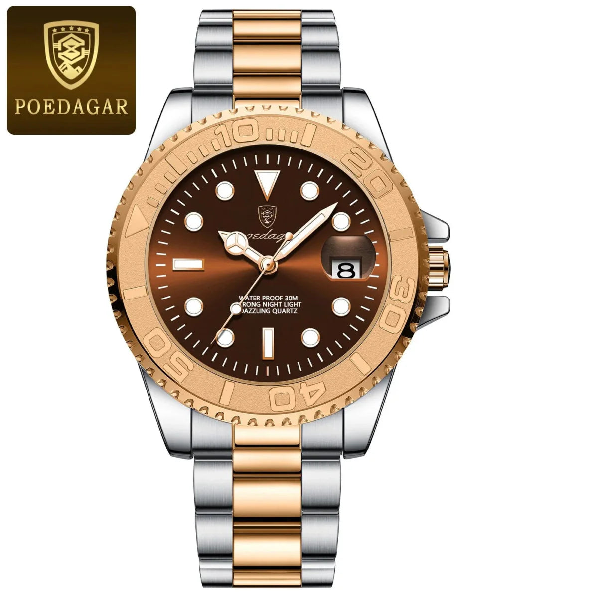 Poedagar men's quartz watch with stainless steel case, luminous dial, waterproof design, and sporty style.