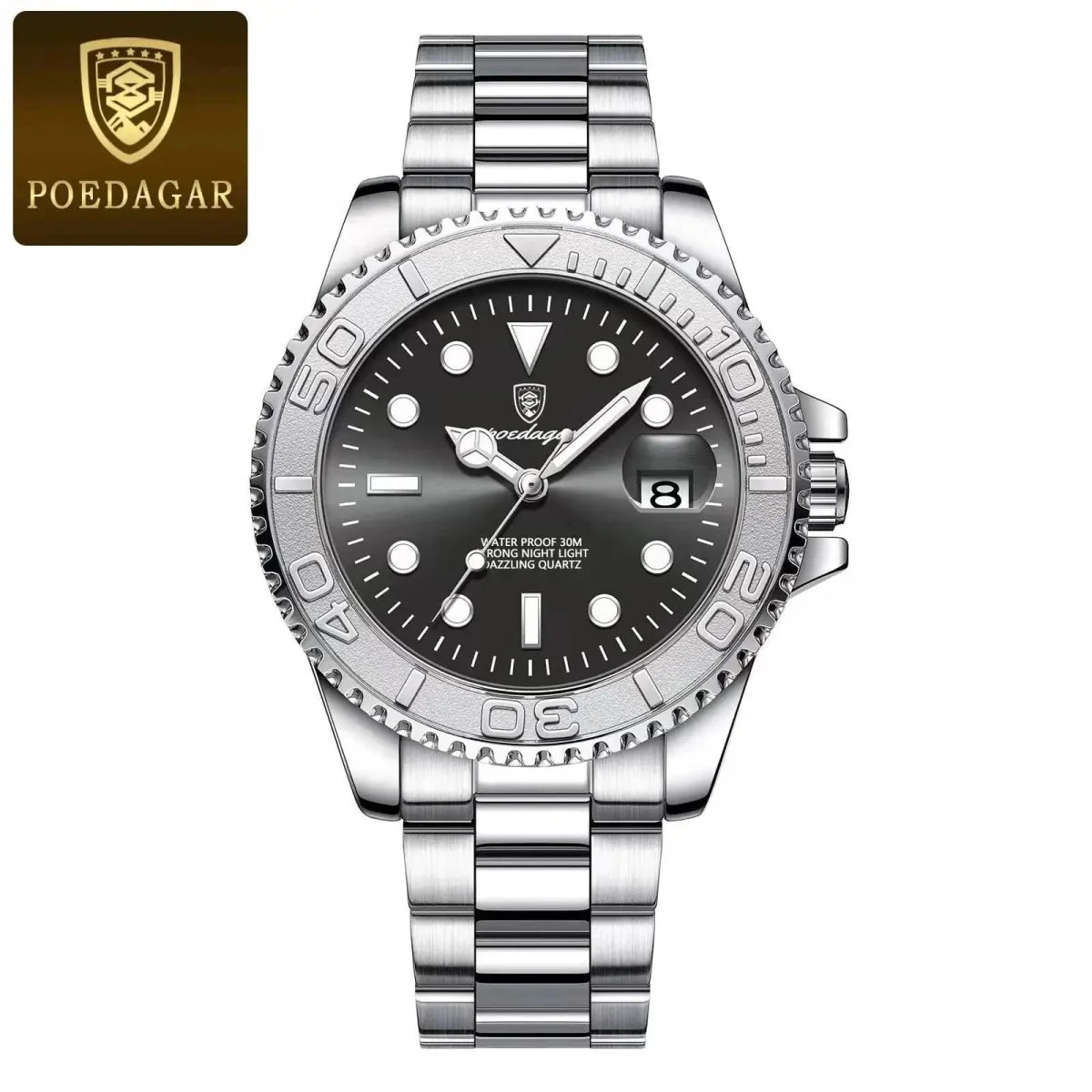 Poedagar men's quartz watch with stainless steel case, luminous dial, waterproof design, and date display for sporty fashion.