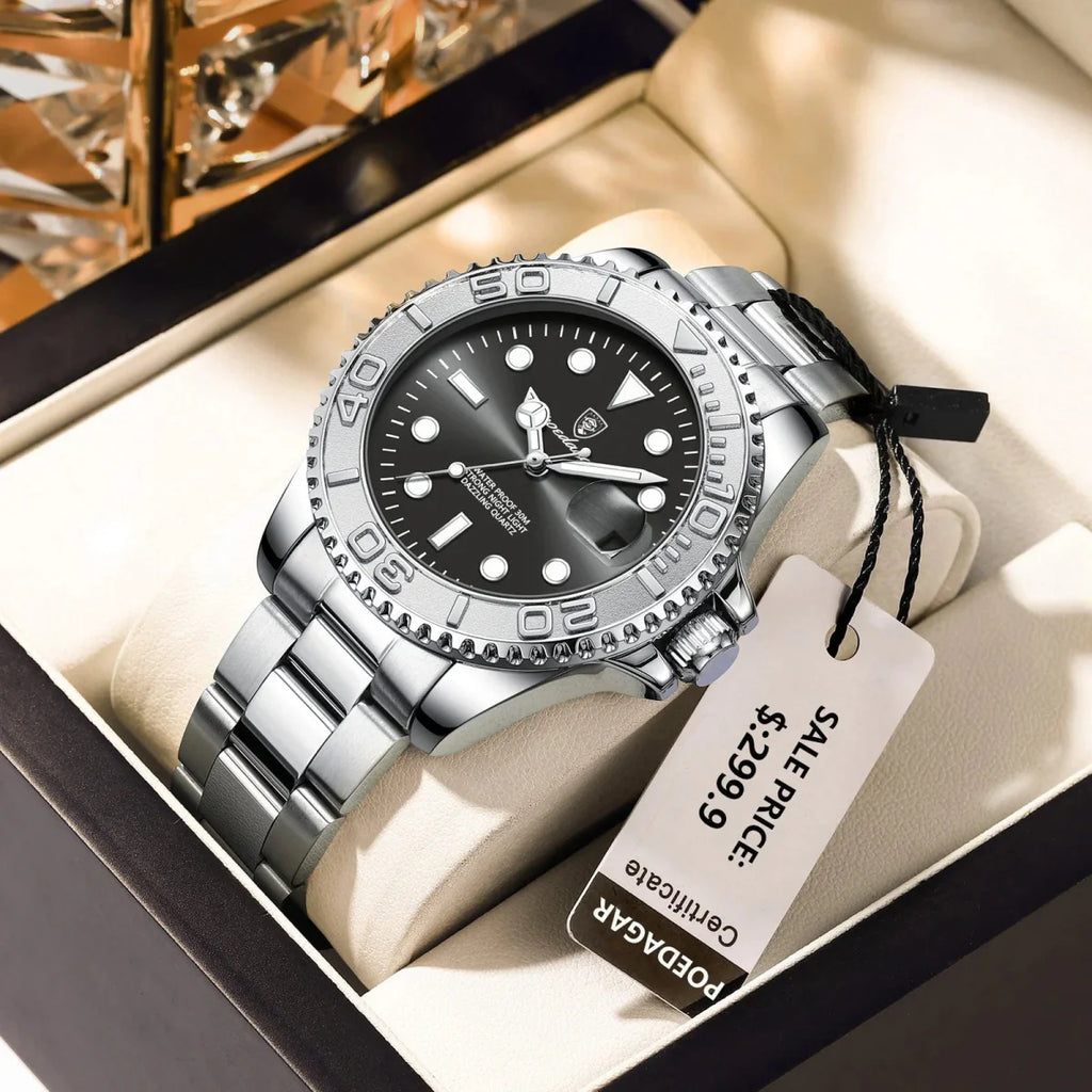Poedagar men's quartz watch with stainless steel band, waterproof, luminous dial, and date display, suitable for sports and fashion.