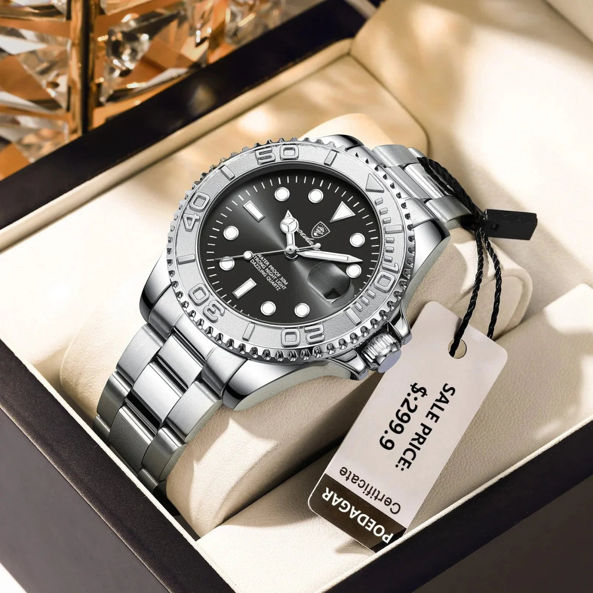 Poedagar men's quartz watch with stainless steel band, waterproof, luminous dial, and date display, suitable for sports and fashion.