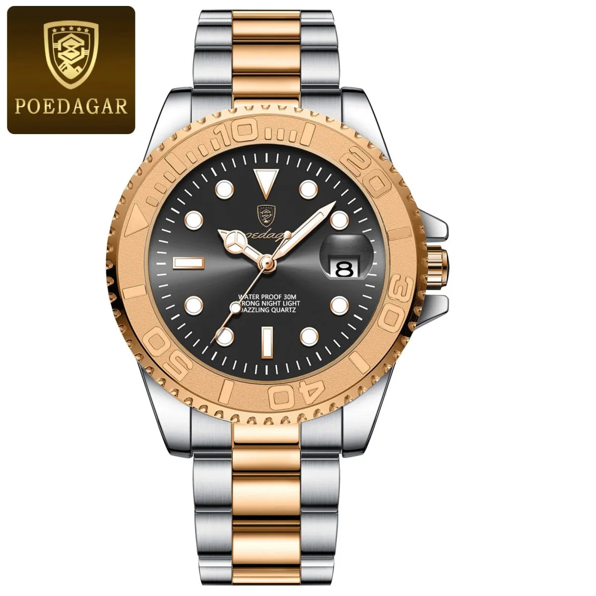 Poedagar men's quartz watch with stainless steel case, luminous dial, date display, waterproof, sport style for men.