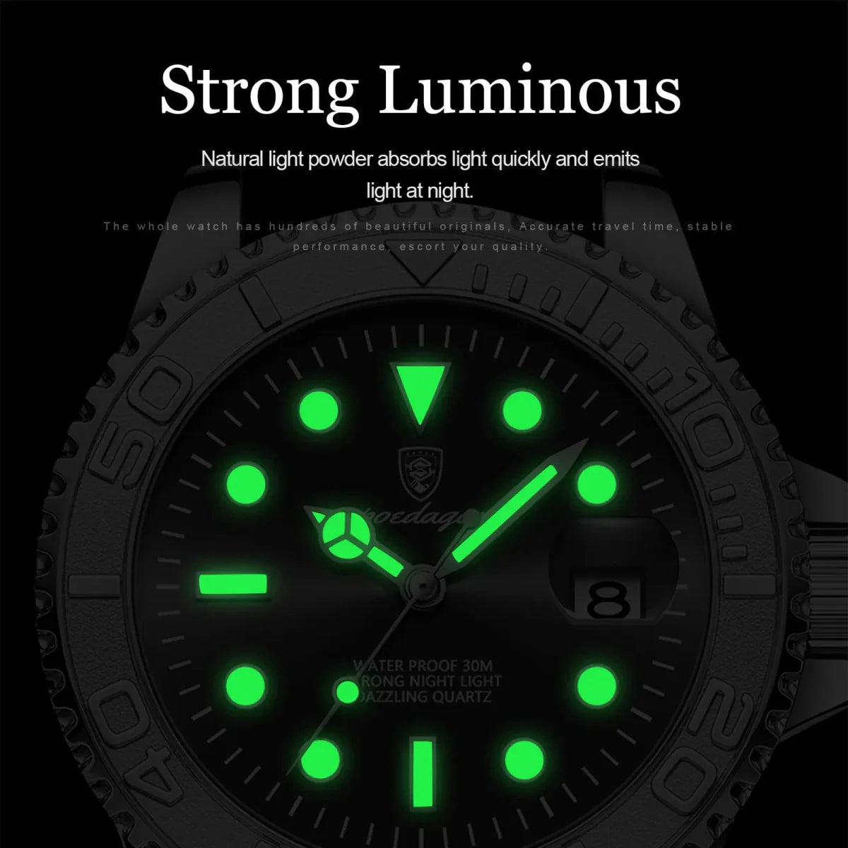 Poedagar men's quartz watch with stainless steel case, luminous dial, waterproof design, and date display for sporty and fashion wear
