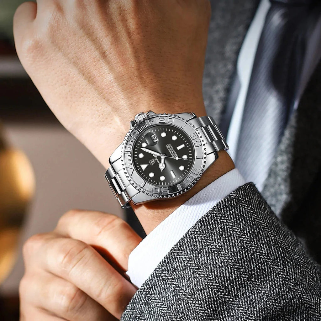 Poedagar men's quartz watch with stainless steel band, luminous dial, waterproof design, and date display for sporty, stylish wear.