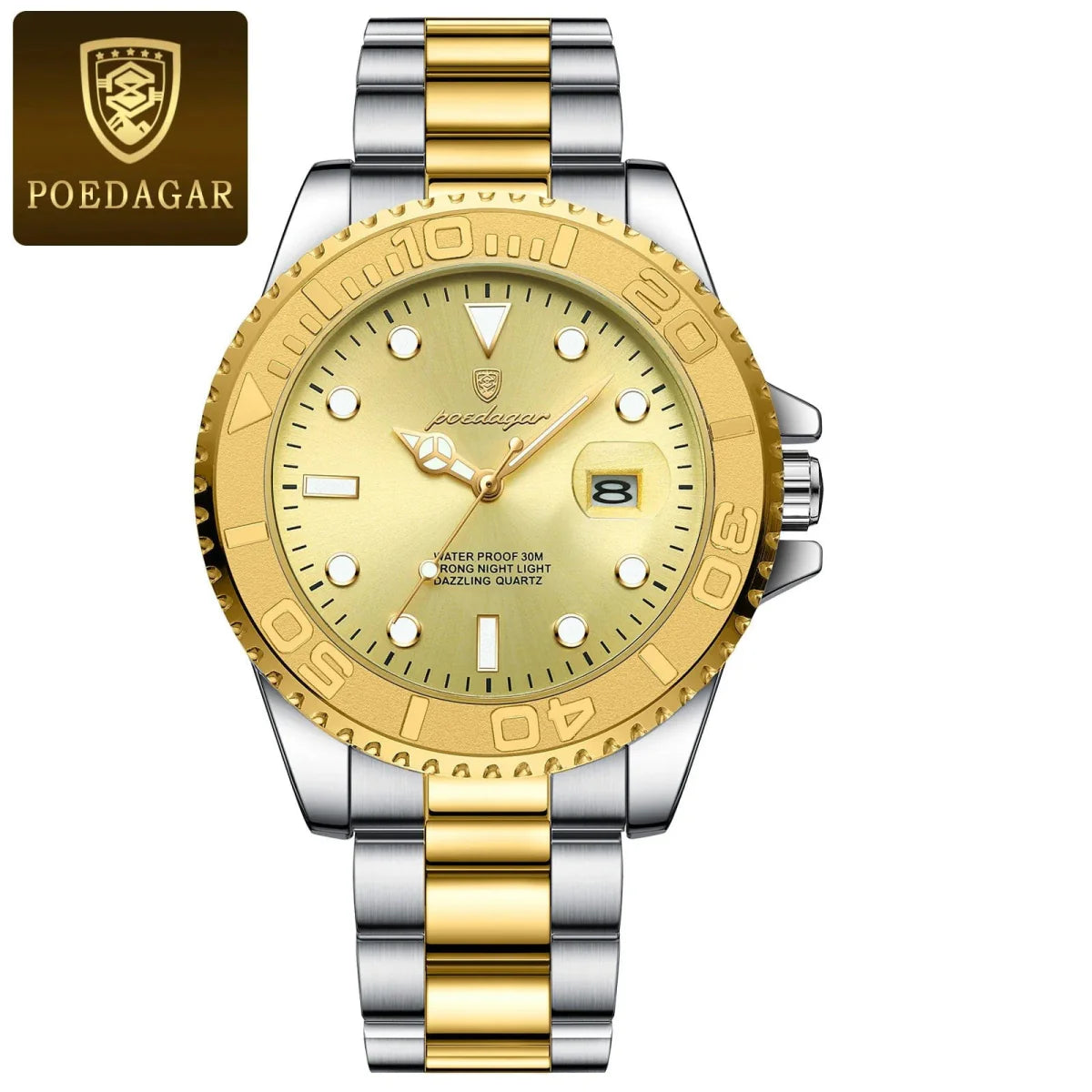 Poedagar men's quartz watch with stainless steel band, luminous dial, waterproof design, and date display for sporty fashion.