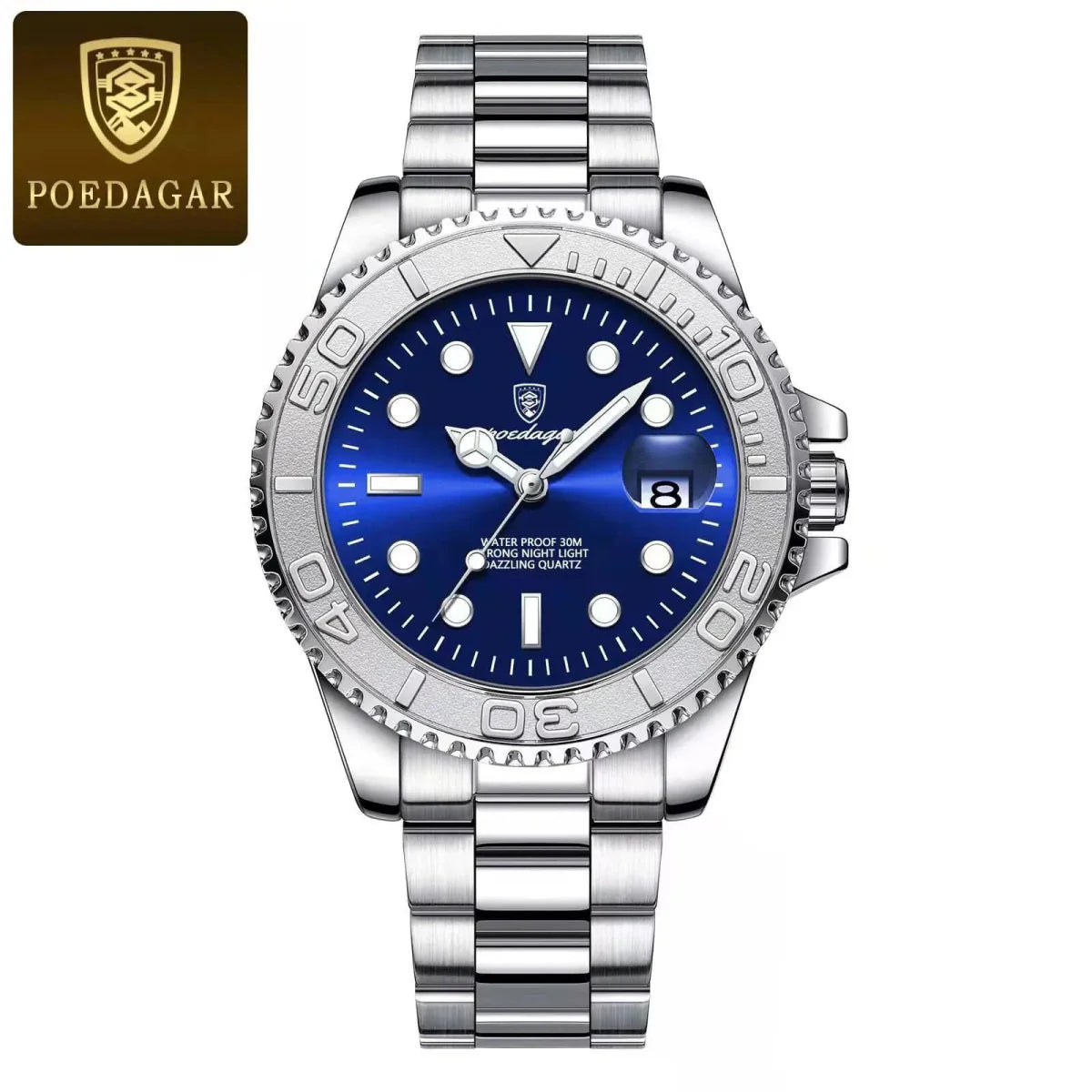 Poedagar men's quartz stainless steel waterproof sports watch with luminous dial and date display.