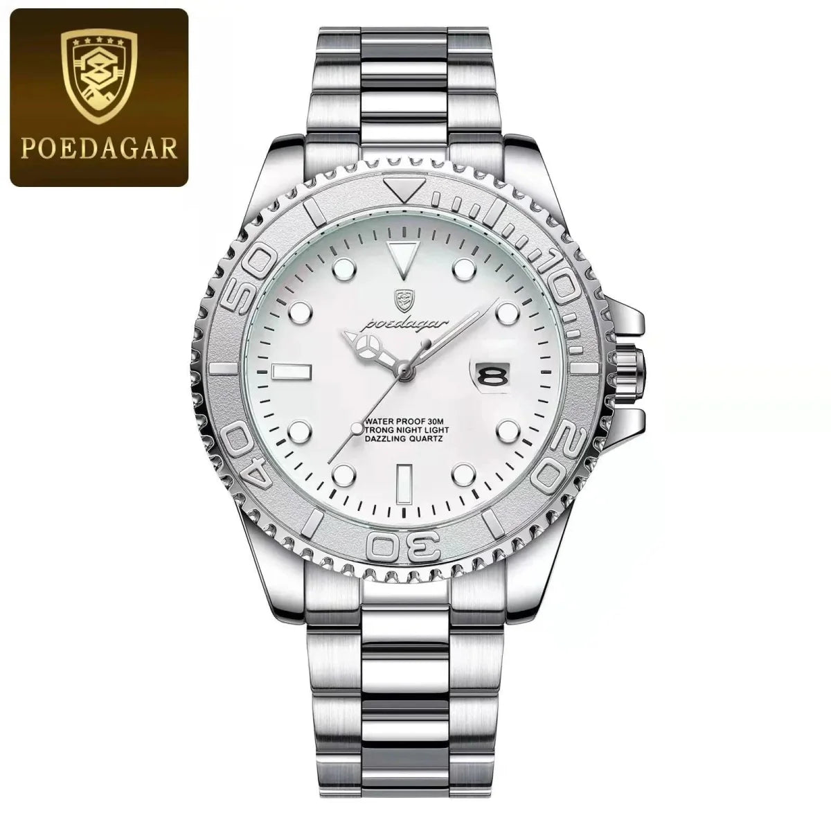Poedagar men's quartz stainless steel waterproof watch with luminous dial and date display, designed for sporty, stylish men.