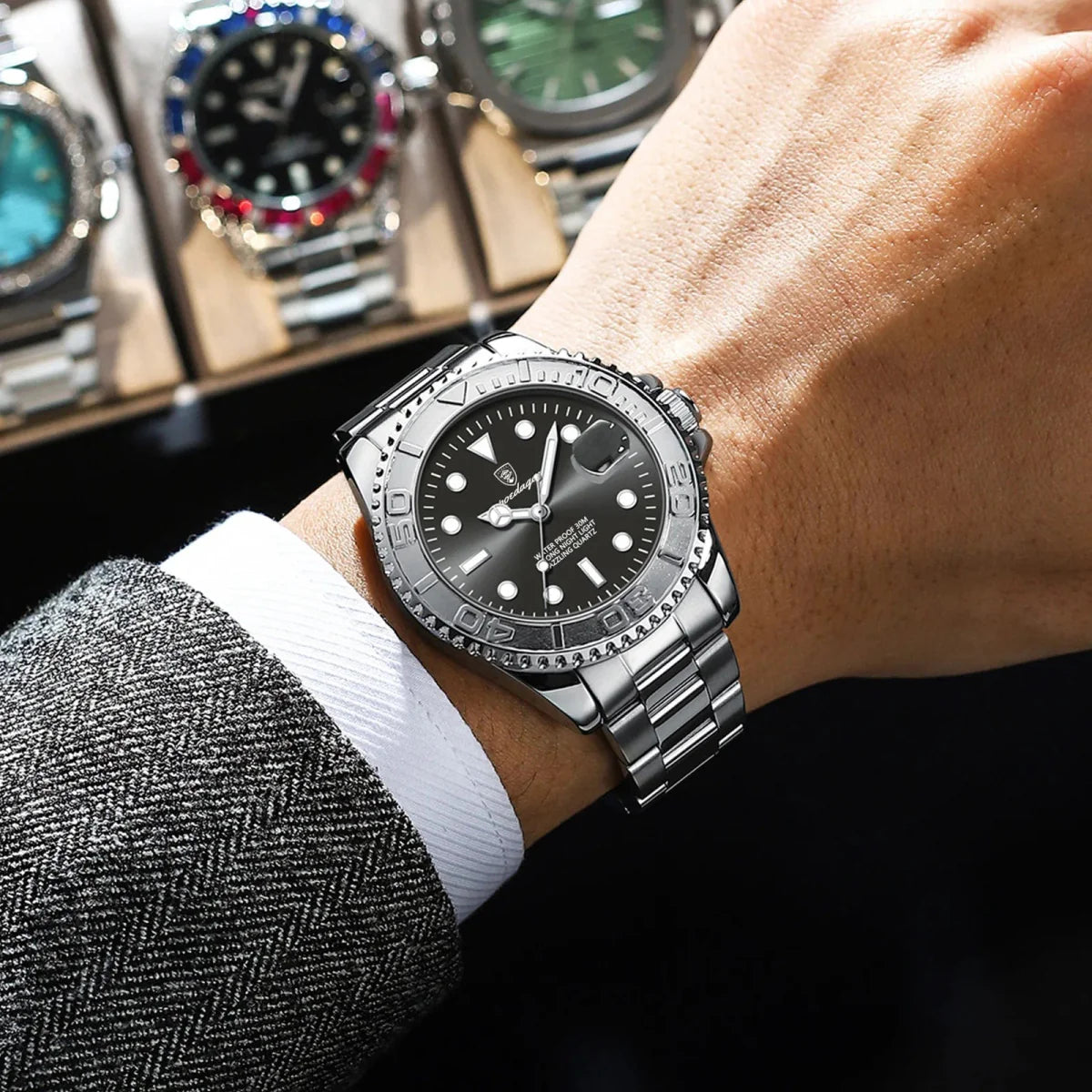 Poedagar men's stainless steel quartz watch with luminous dial, waterproof design, and date display, ideal for sporty and casual wear.