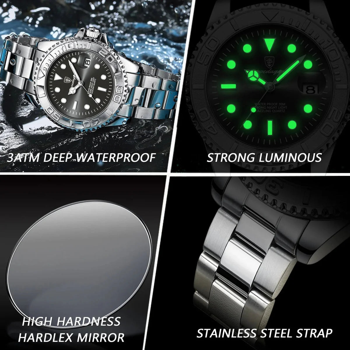 Poedagar men's quartz watch with stainless steel band, waterproof, luminous dial, and date display, ideal for sporty and casual wear.