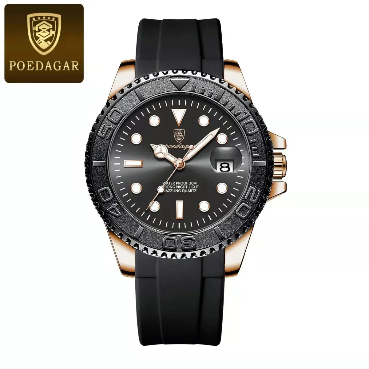 Poedagar men's quartz watch with stainless steel case, luminous dial, waterproof design, and date display, ideal for sports and fashion.