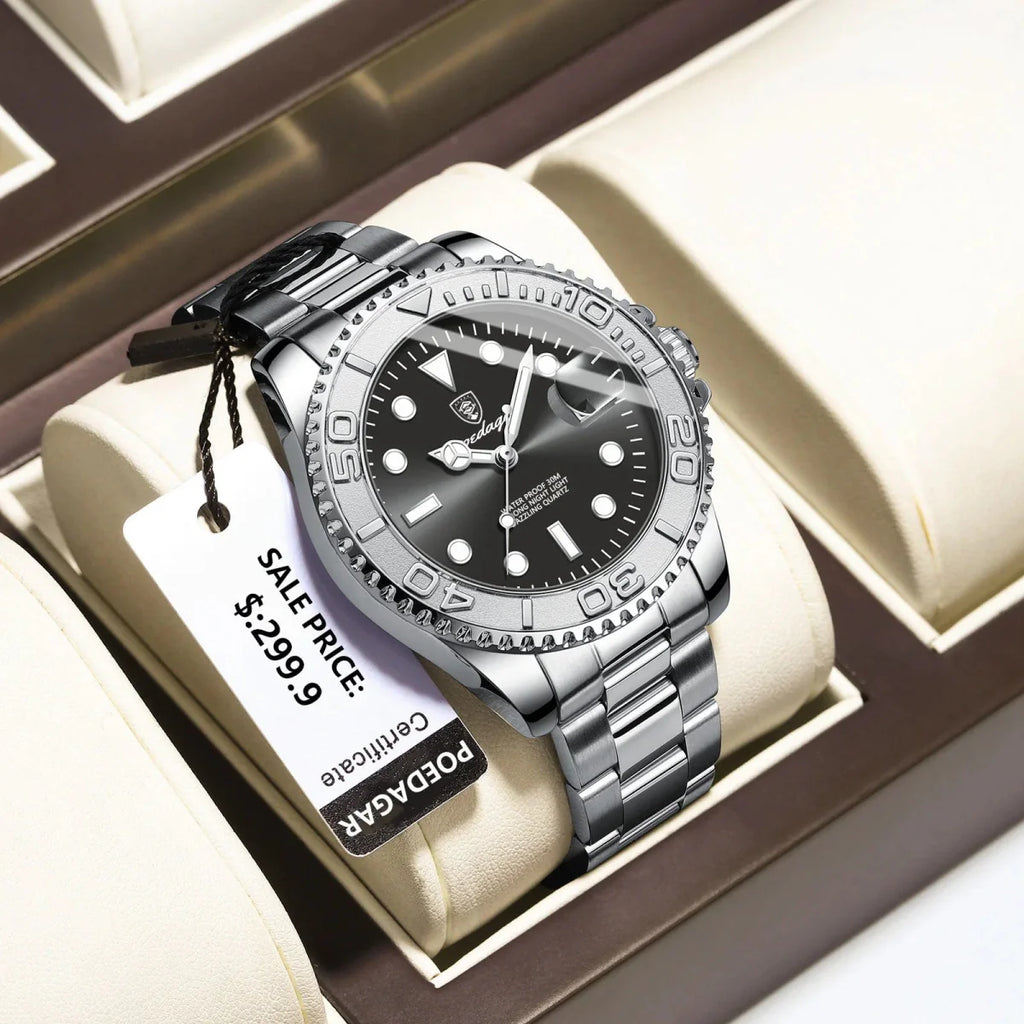 Poedagar men's quartz watch with stainless steel band, luminous dial, waterproof design, and date display for sporty fashion.
