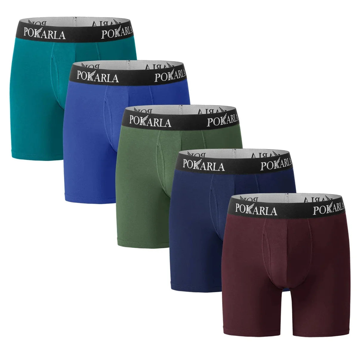 Pokarla men's cotton boxer shorts in a 5-pack, breathable open fly underwear with elastic waistband, tagless and comfortable for everyday wear.