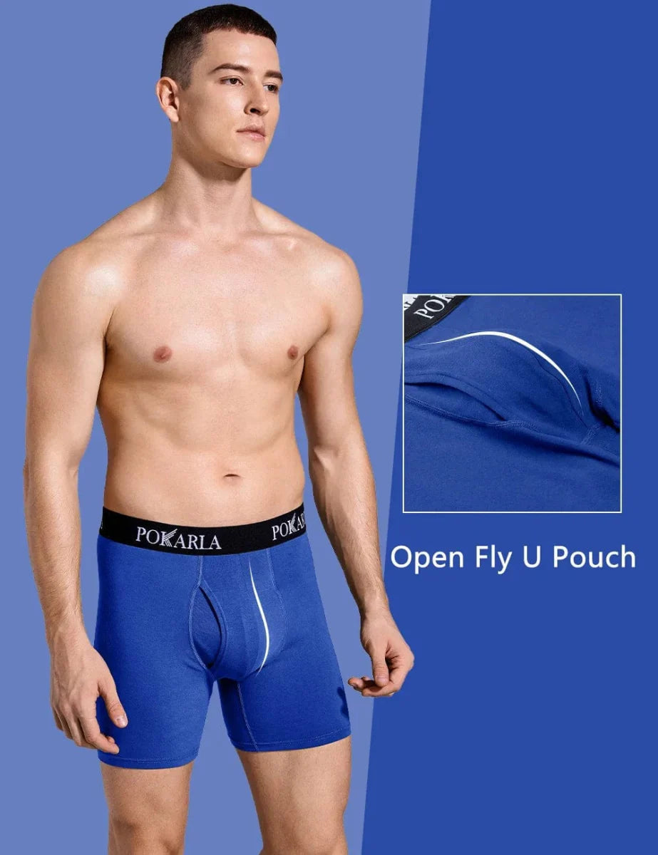 Pokarla men's cotton boxer shorts 5-pack featuring open fly design, breathable soft fabric, elastic waistband, tagless for comfort.