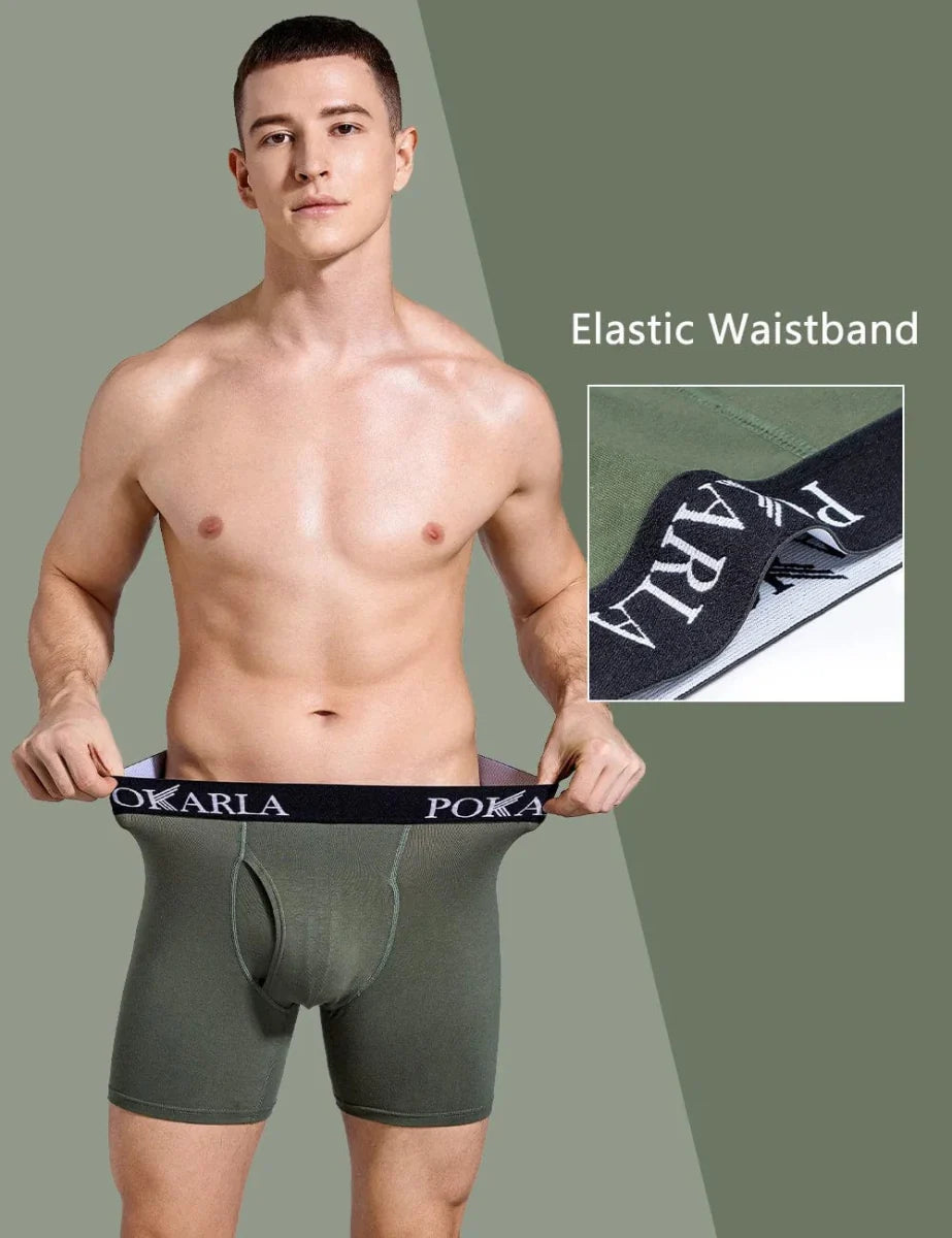 Pokarla men's cotton boxer shorts 5-pack with open fly, breathable and tagless, featuring soft elastic waistband for comfortable male underwear.