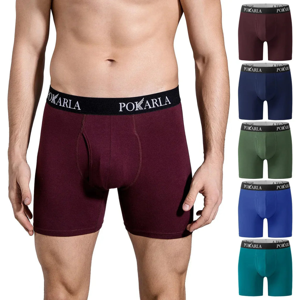 Pokarla men's cotton boxer shorts 5-pack with open fly, breathable, tagless, elastic waistband, soft comfortable underwear.