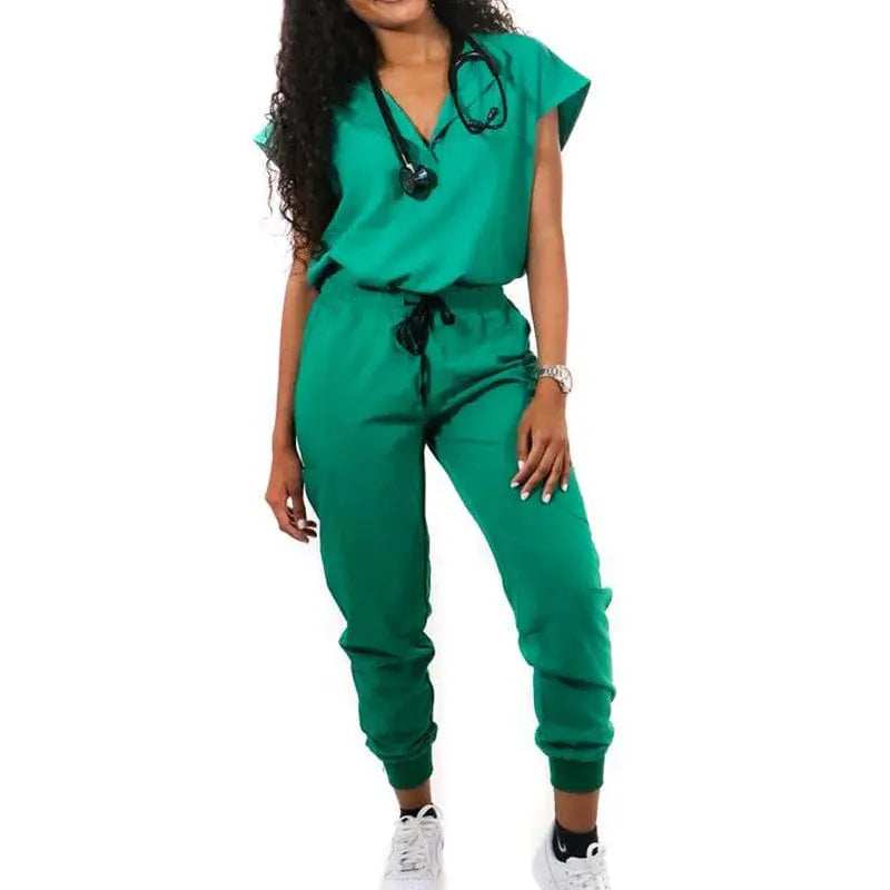 Showlu Medical Scrubs Set with V-neck, short sleeves, and stretch spandex fabric for nurse uniform top and bottom.