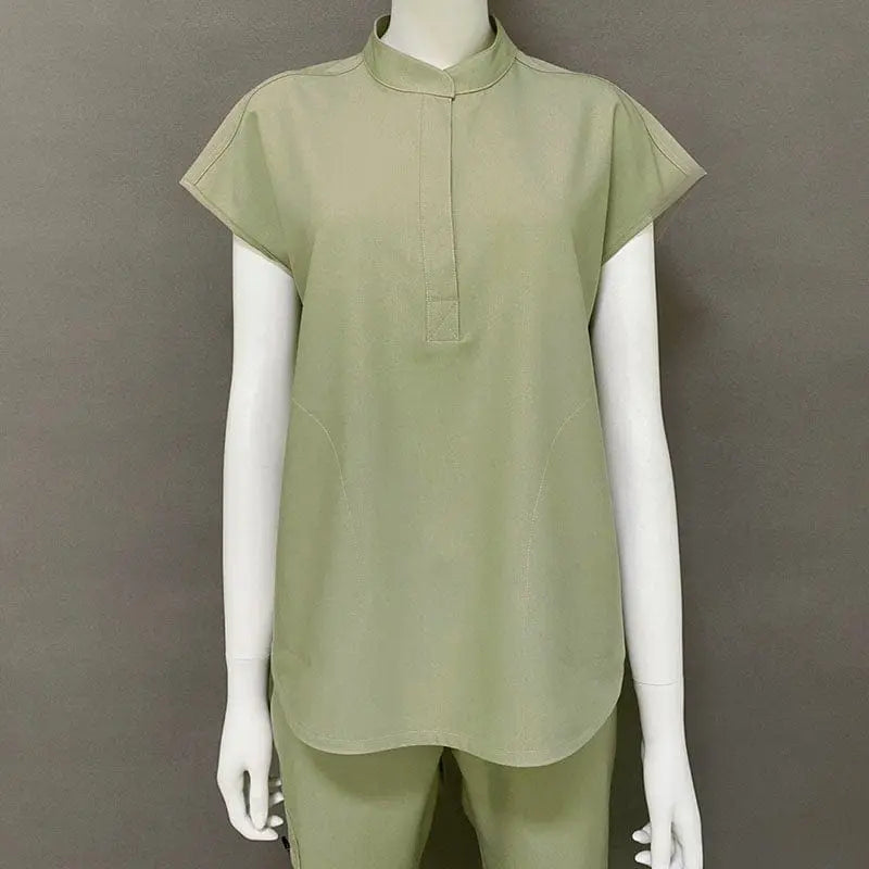 Showlu Medical Scrubs Set with V-neck, short sleeves, spandex stretch fabric, nurse uniform top and bottom, hospital scrubs.