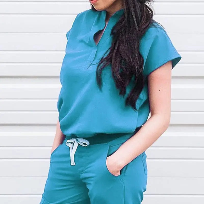 Showlu Medical Scrubs Set with V-neck, short sleeves, spandex stretch fabric, nurse uniform top and matching bottoms.